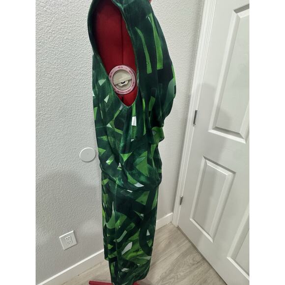 Green Abstract Print Sleeveless Dress Draped Cowl Neck Stylish - Picture 2 of 6